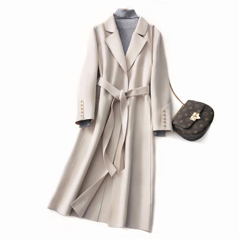 따뜻한 양모 캐시미어 벨트 윈드브레이커 롱 코트 및 재킷 여성용, 2021 가을 겨울 신제품 패션 겉옷